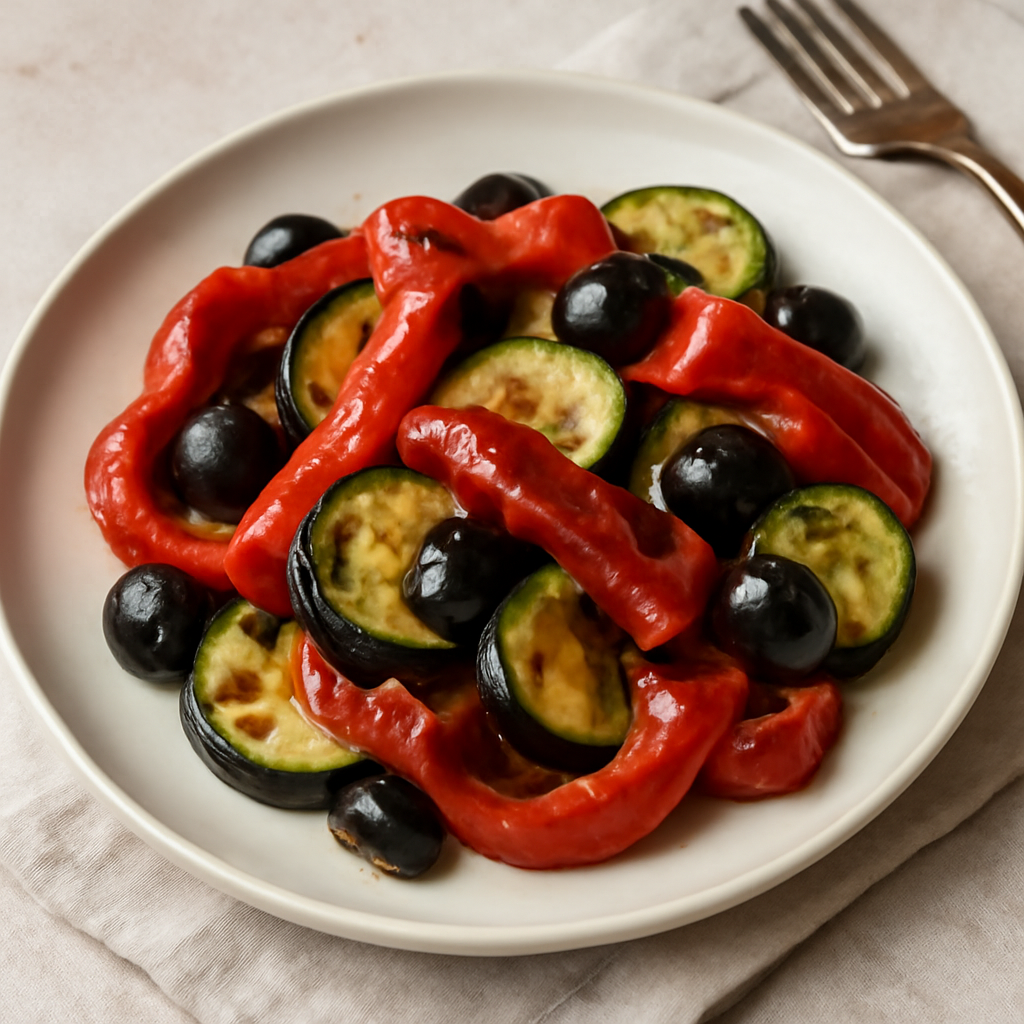 Foto di Contorno di peperoni rossi, zucchine e olive