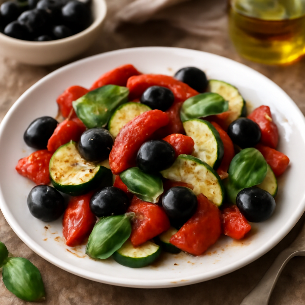 Insalata di peperoni rossi, zucchine e olive