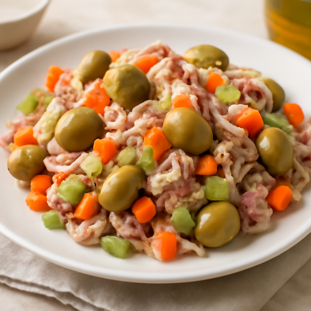 Insalata di tonno con olive, carote, sedano e cipolla