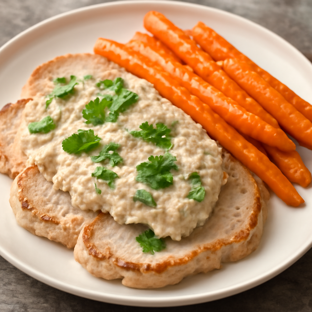 Scaloppina di maiale al tonno e coriandolo con carote glassate