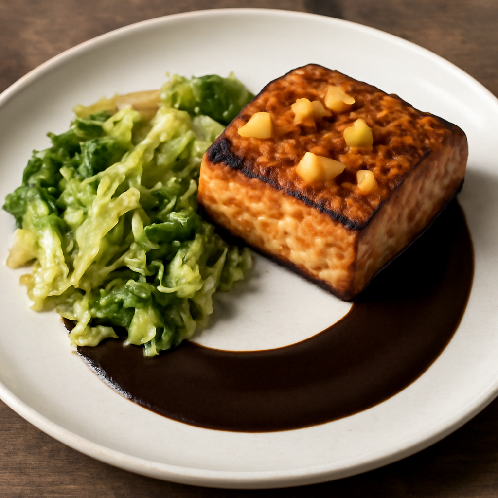 Salmone glassato all'ananas con verza e salsa al caffè