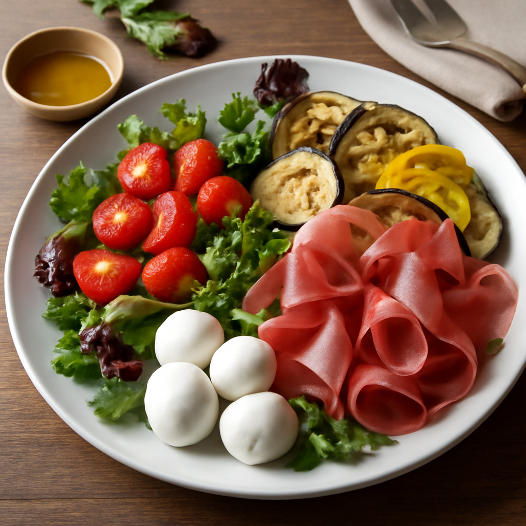 Insalata ricca con speck, mozzarella e verdure grigliate