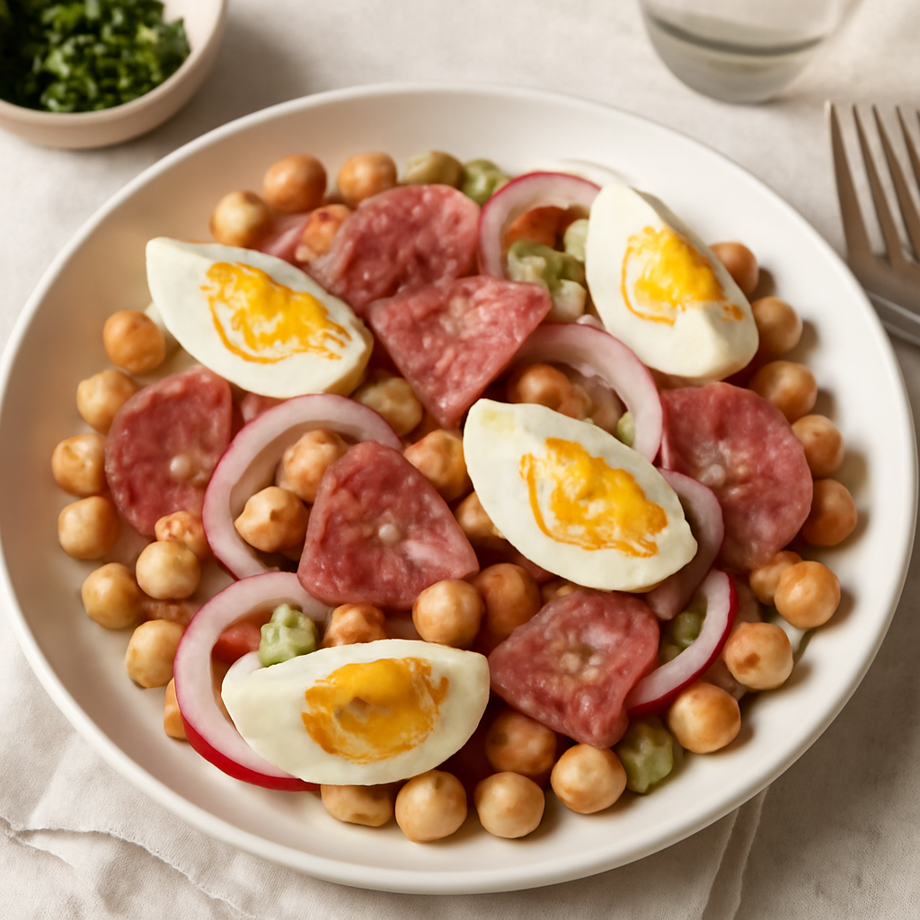Insalata di ceci con uova, salame e cipolla