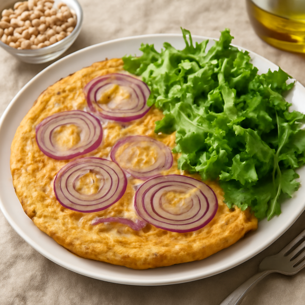 Frittata di ceci con cipolla e insalata
