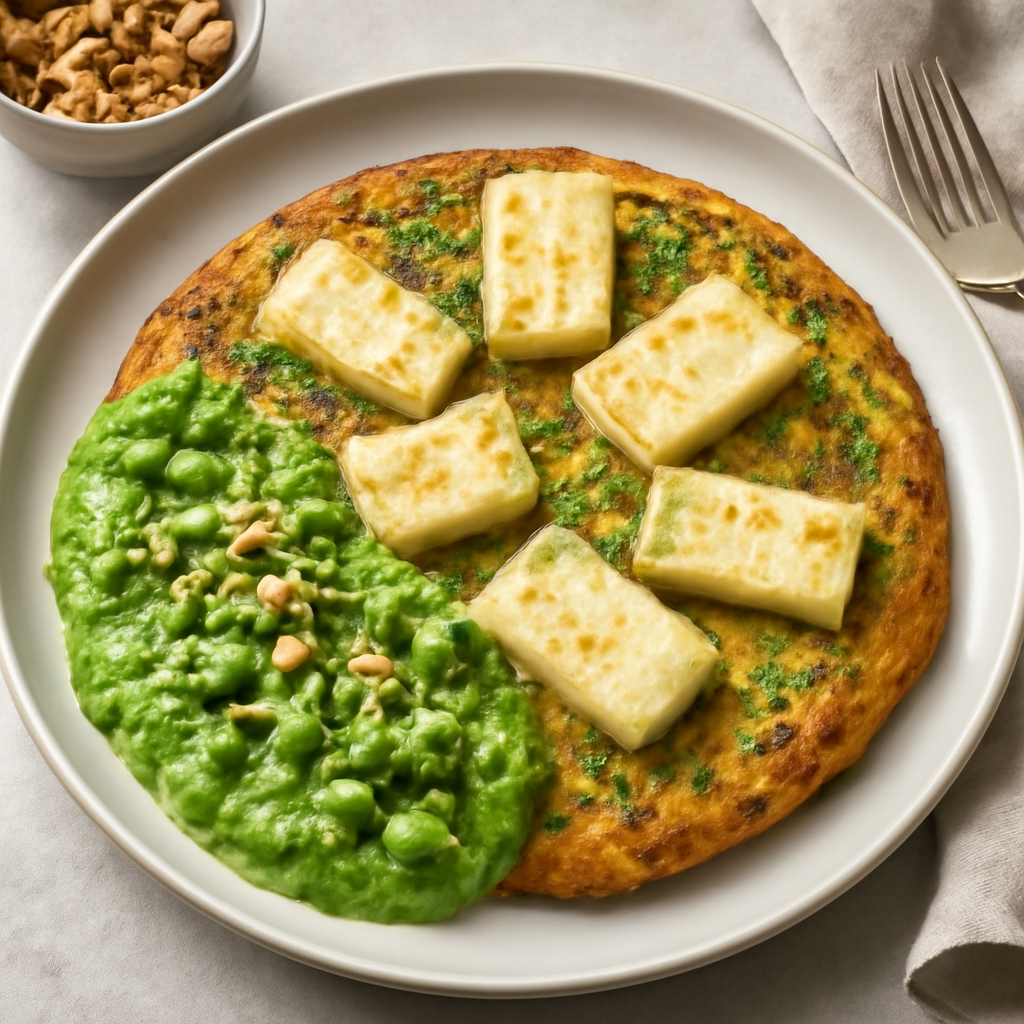 Frittata con formaggio vegano alle noci e sugo di piselli