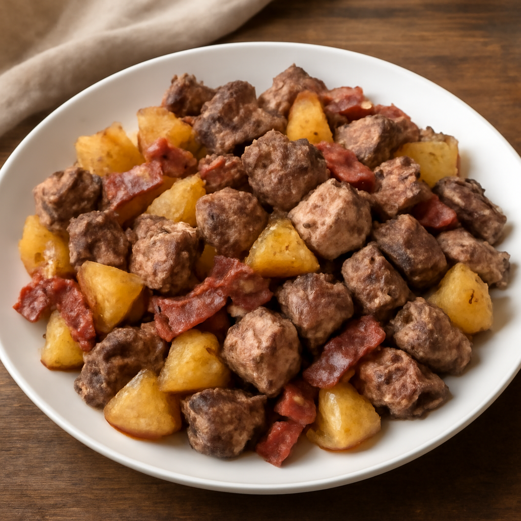 Padellata mista di patate, pancetta, tonno e carne