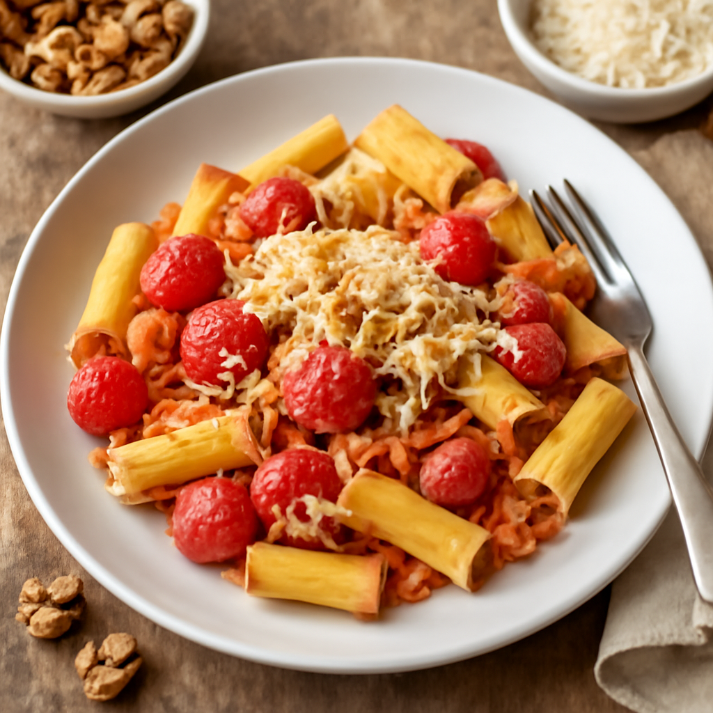 Pasta con pomodorini surgelati, pancetta e formaggio vegano alle noci