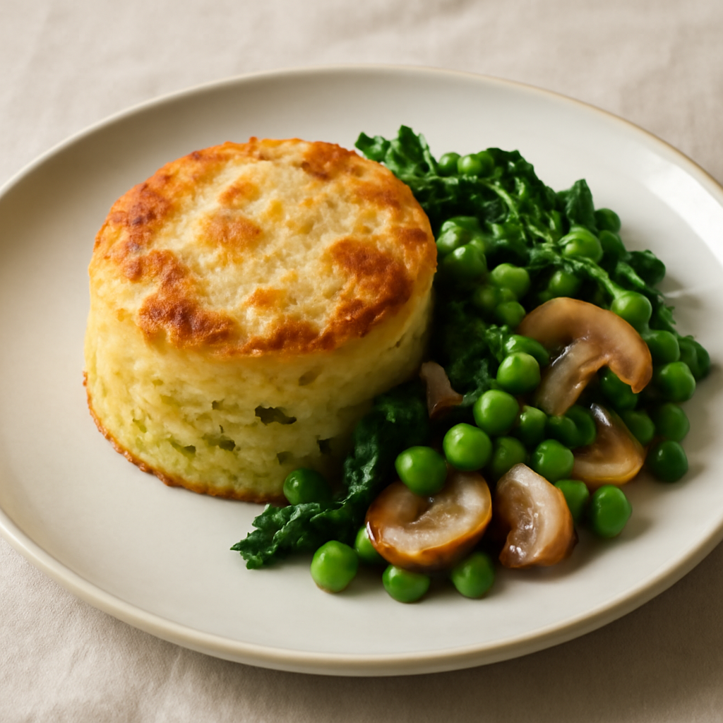 Tortino di patate con cime di rapa, piselli, funghi e formaggi