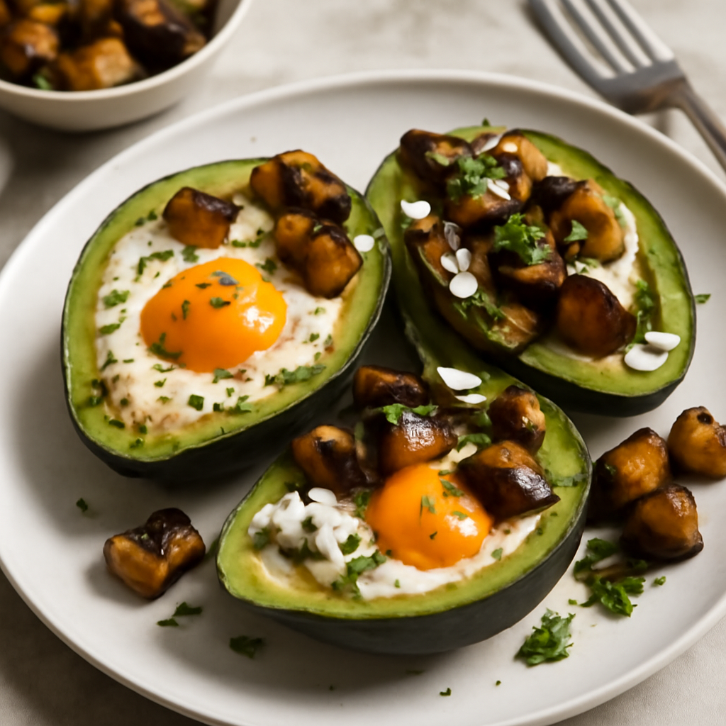 Avocado ripieno con uova, feta e melanzane