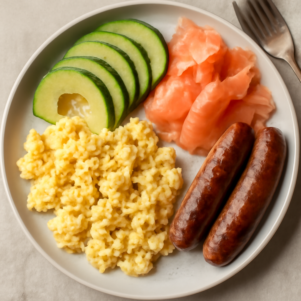 Uova strapazzate con avocado, salmone e salsiccia