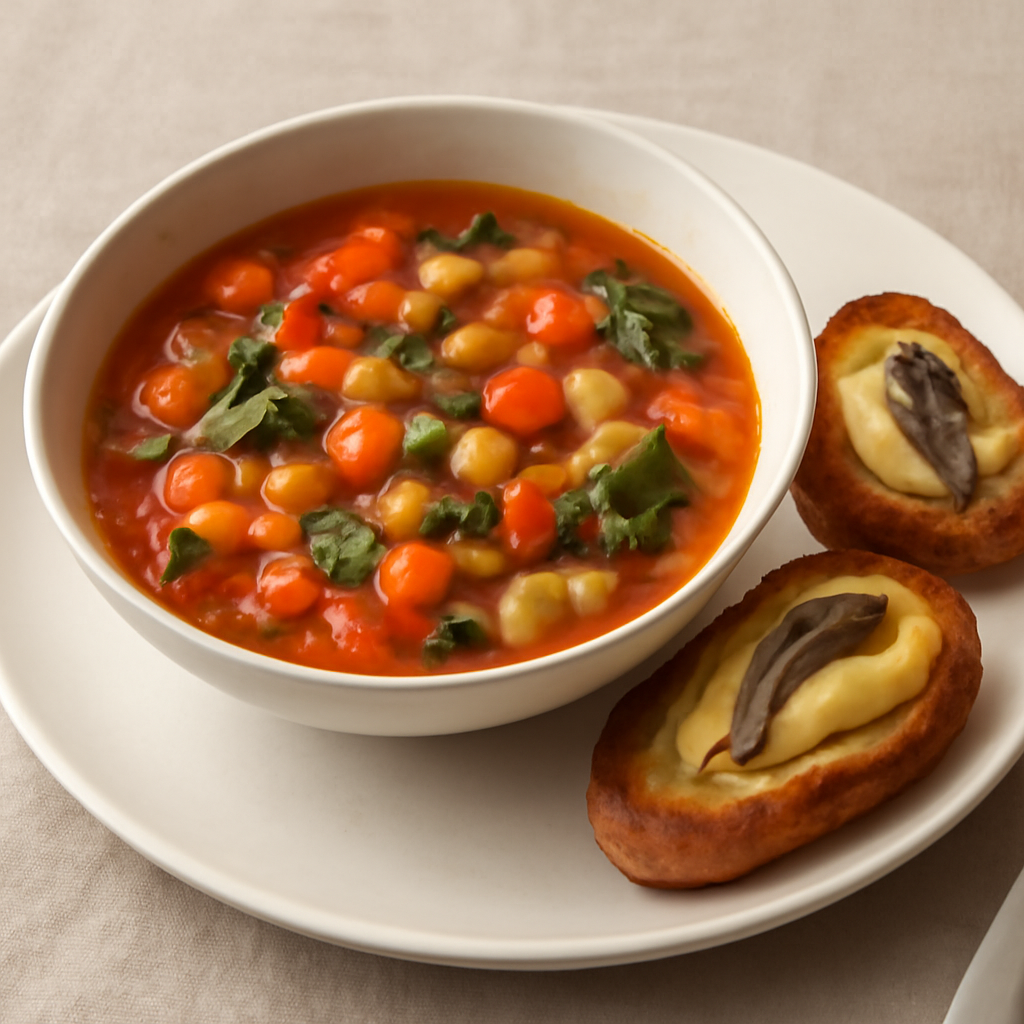 Minestrone di verdure con crostini all'acciuga e crema pasticciera