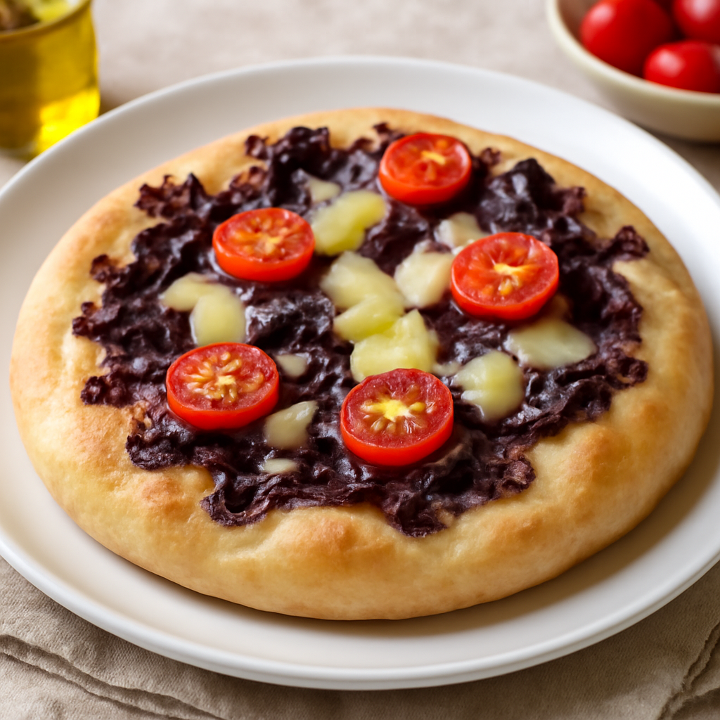 Focaccina con cavolo cappuccio rosso, Emmental e pomodorini