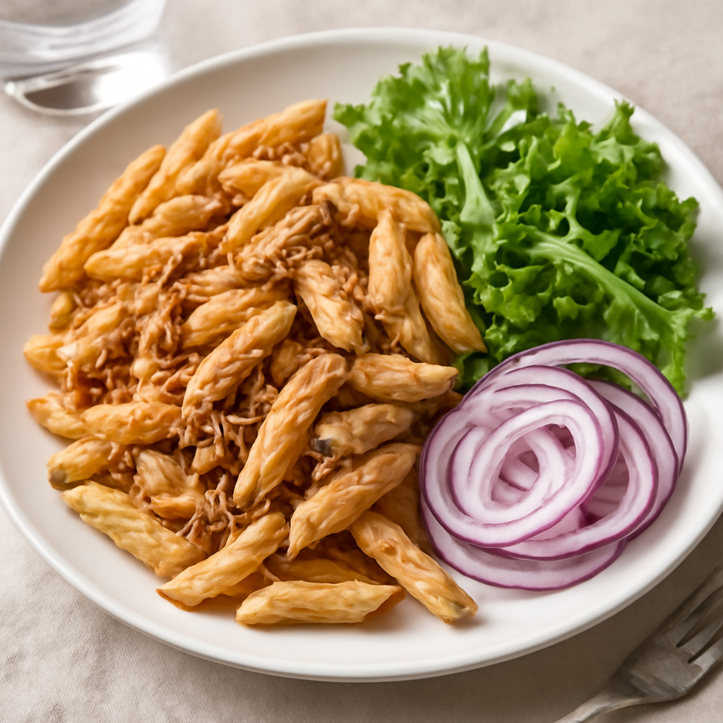Pasta al tonno con cipolla e insalata