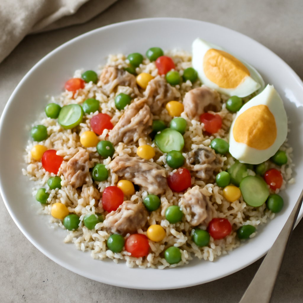 Insalata di riso con tonno, uova e verdure