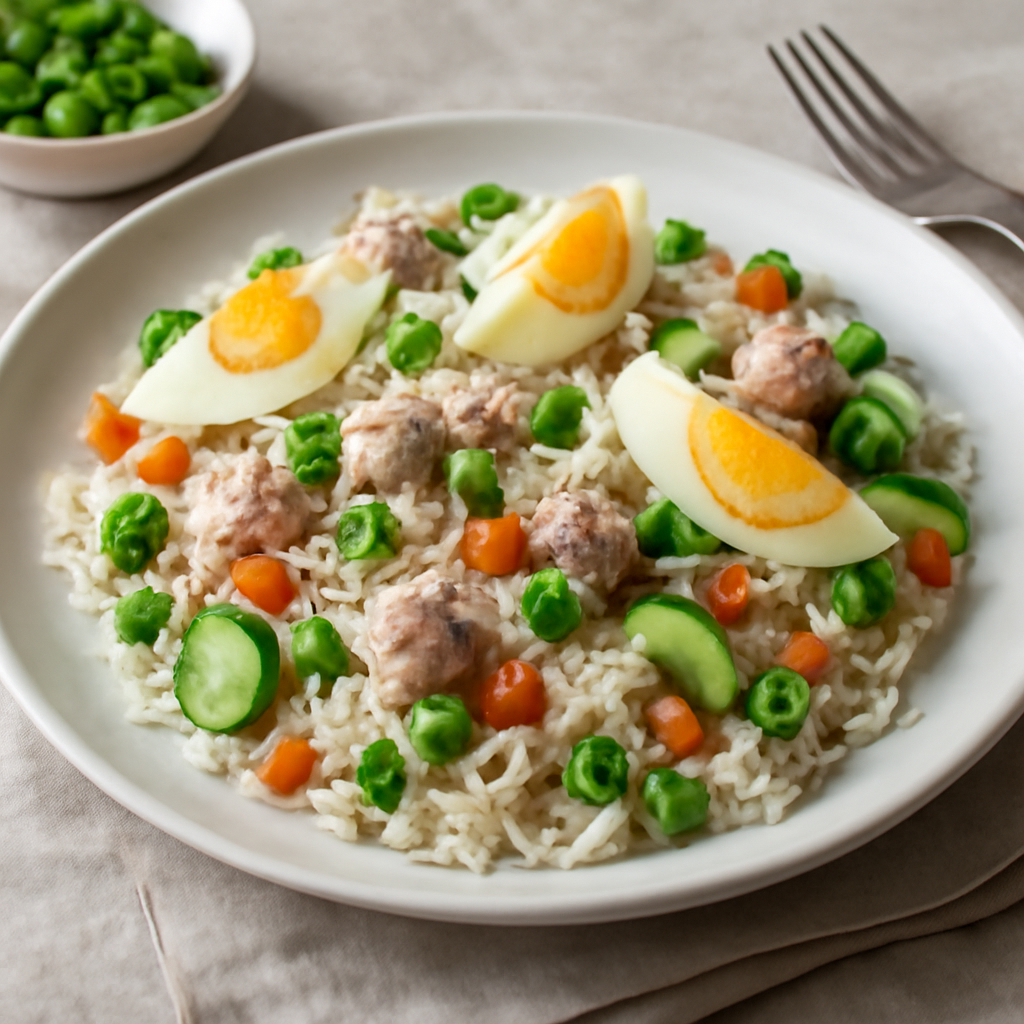 Insalata di riso basmati con tonno, uova e verdure