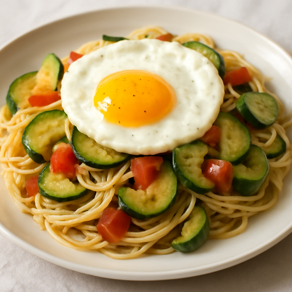 Spaghetti con zucchine, uovo e peperone