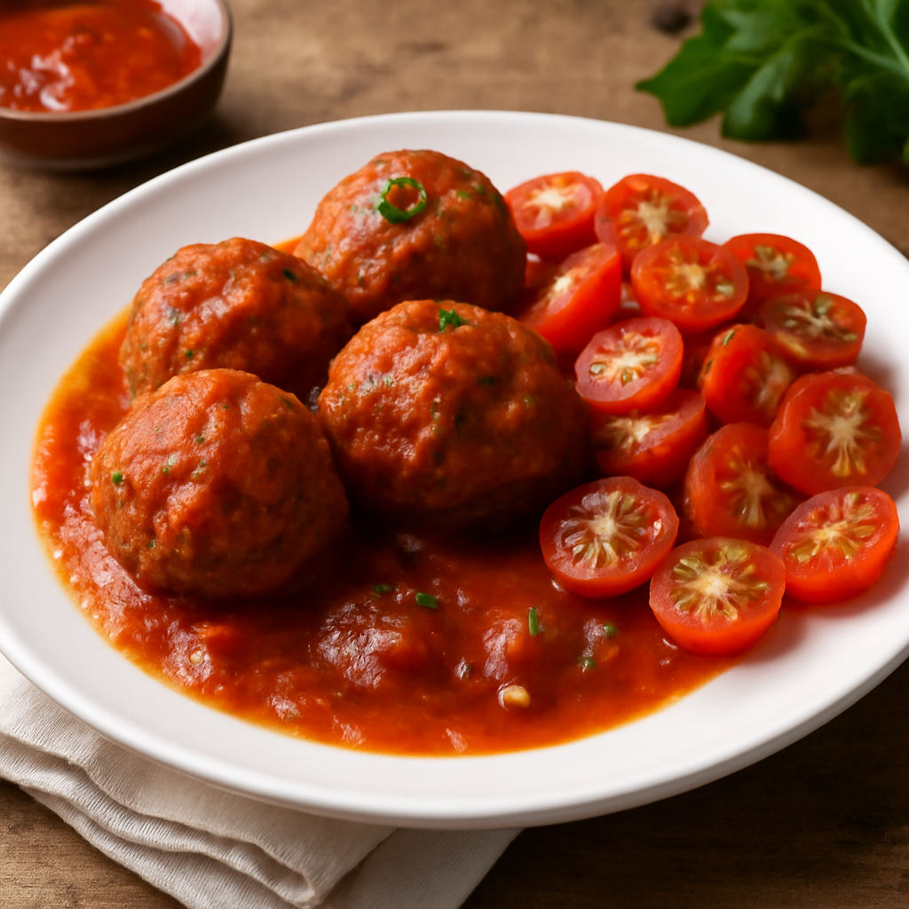 Polpette al sugo con contorno di pomodorini