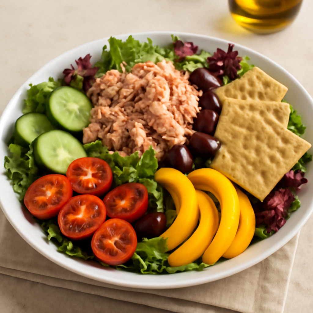 Insalatona mista con tonno, verdure e crackers