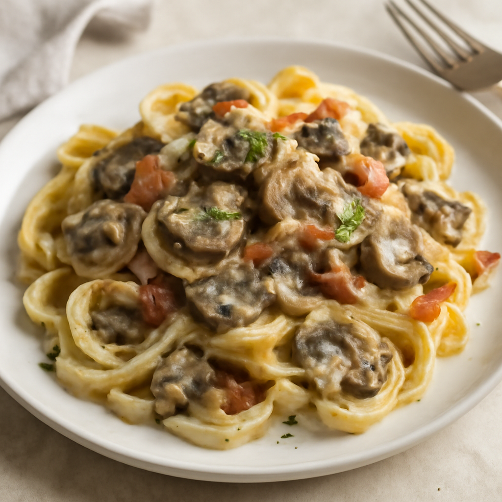 Pasta con crema di funghi e speck