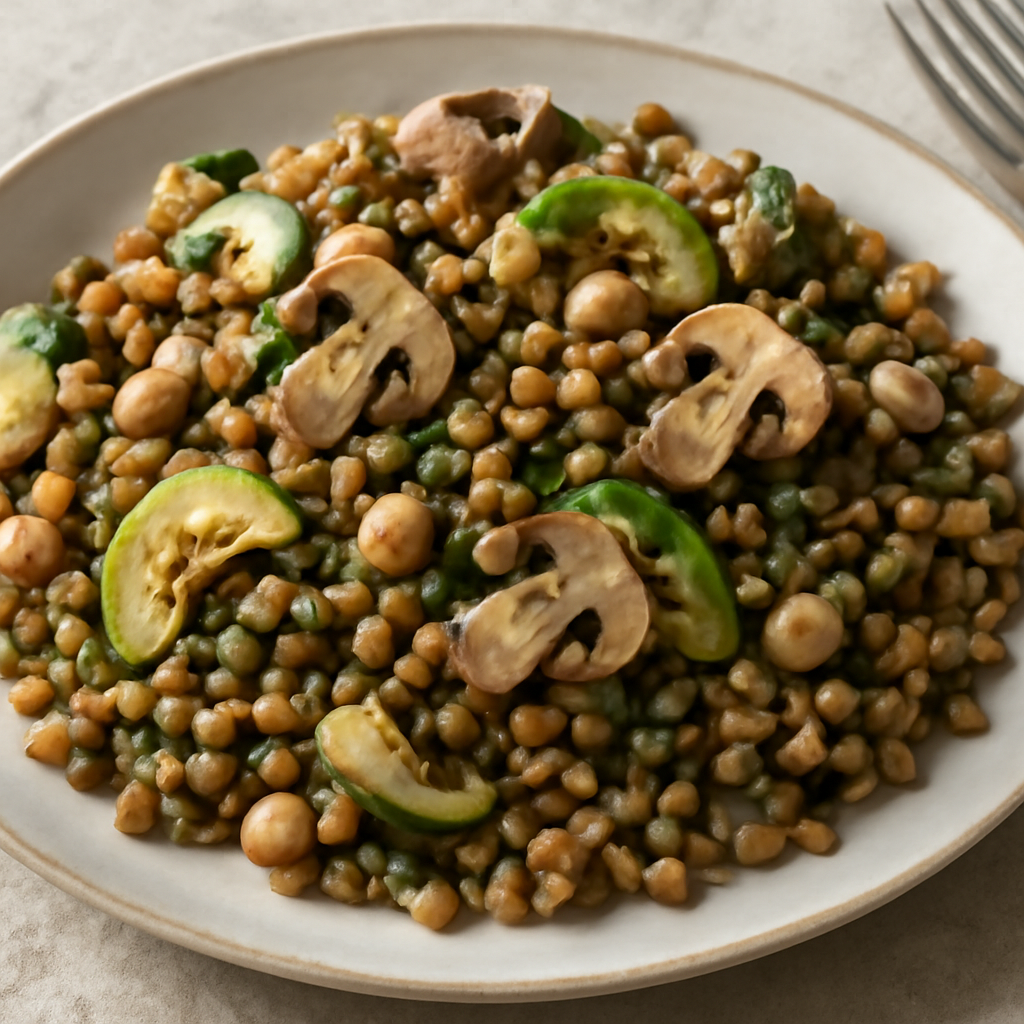 Insalata tiepida di cereali con zucchine, legumi e funghi