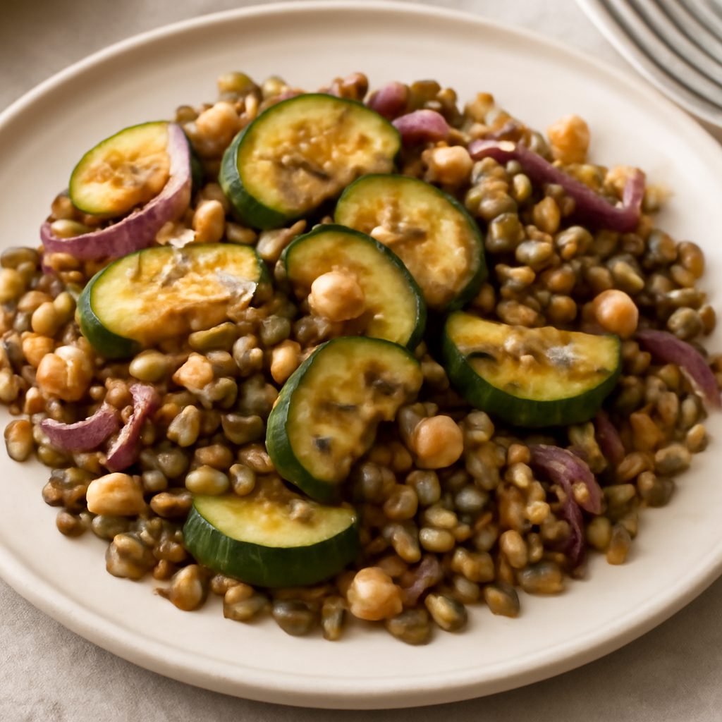 Zucchine saltate con legumi, cereali e cipolla