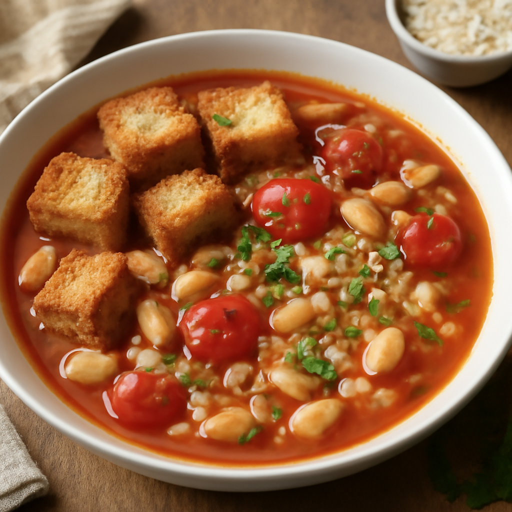 Zuppa di fagioli e pomodorini con crostini di pane e riso
