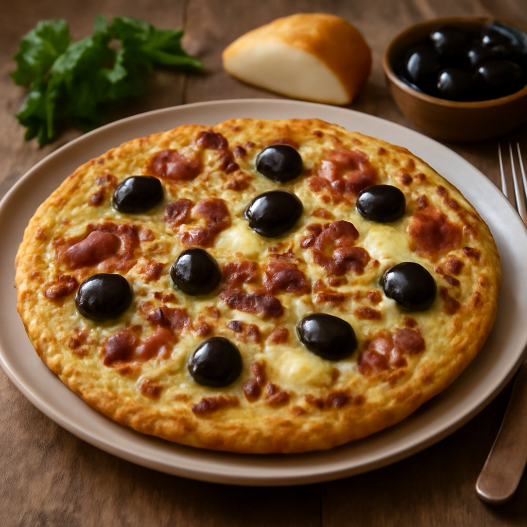 Frittata ricca con pancetta, cipolla, scamorza e olive