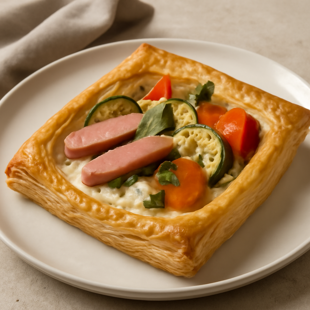 Tortino di pasta sfoglia con stracchino, wurstel e verdure