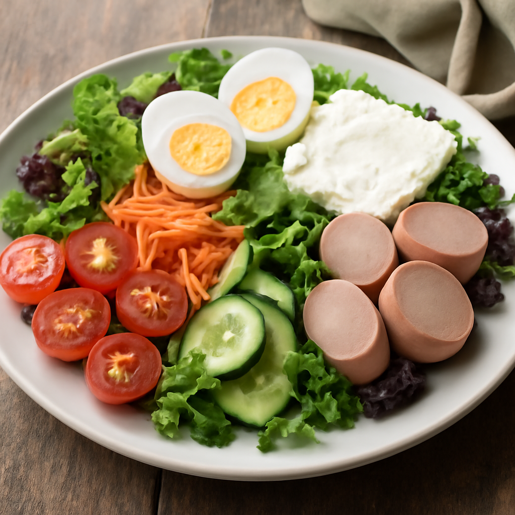 Insalata ricca con uovo sodo, stracchino e wurstel