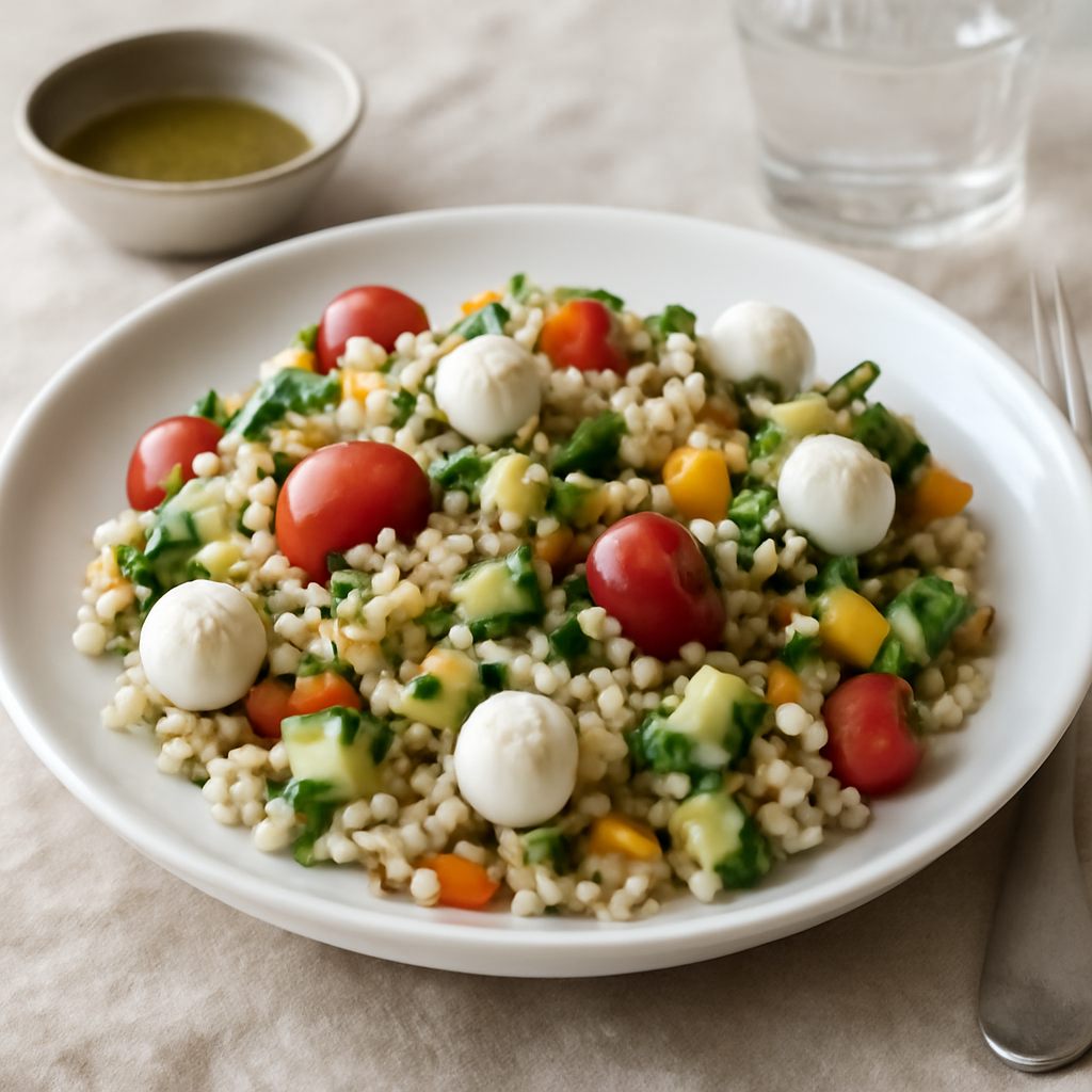 Insalata di orzo, verdure e mozzarella