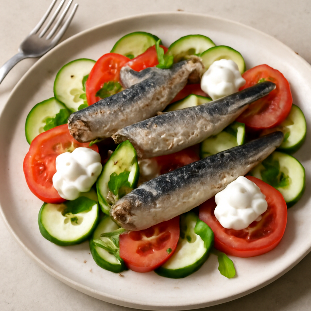 Insalata di zucchine, pomodori e sardine con yogurt