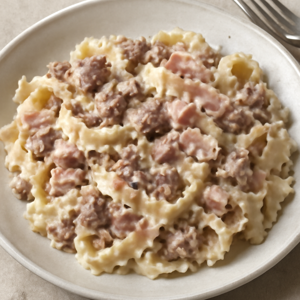 Reginette con salsiccia, panna e mortadella