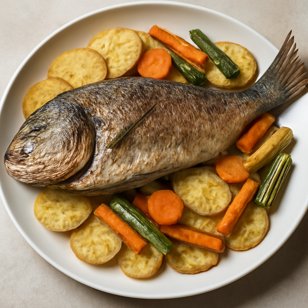 Orata al forno con patate, carote e zucchine