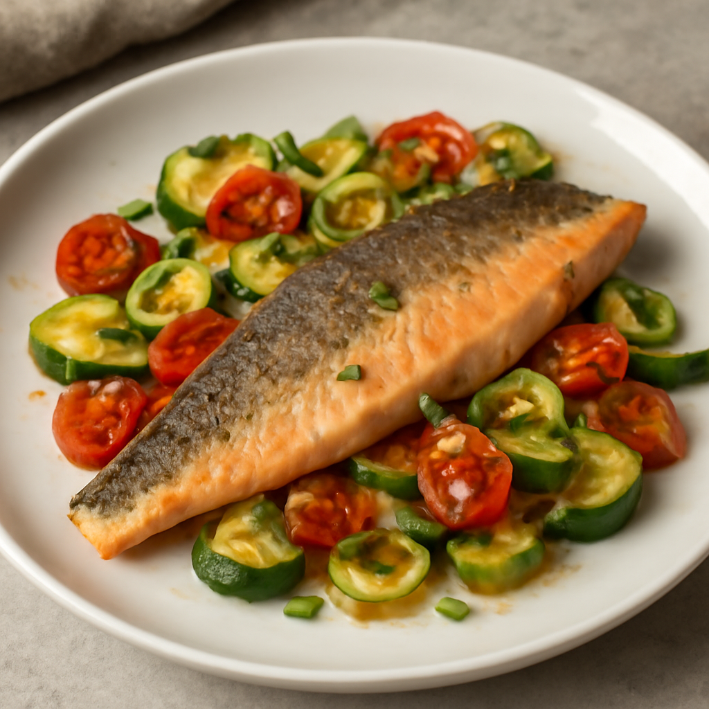 Filetto di trota con zucchine, pomodori e porro