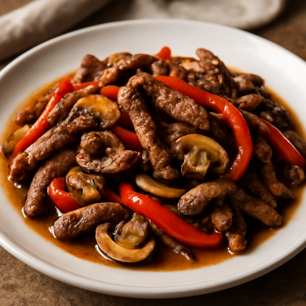 Straccetti di cavallo con funghi, peperone e salsa di soia