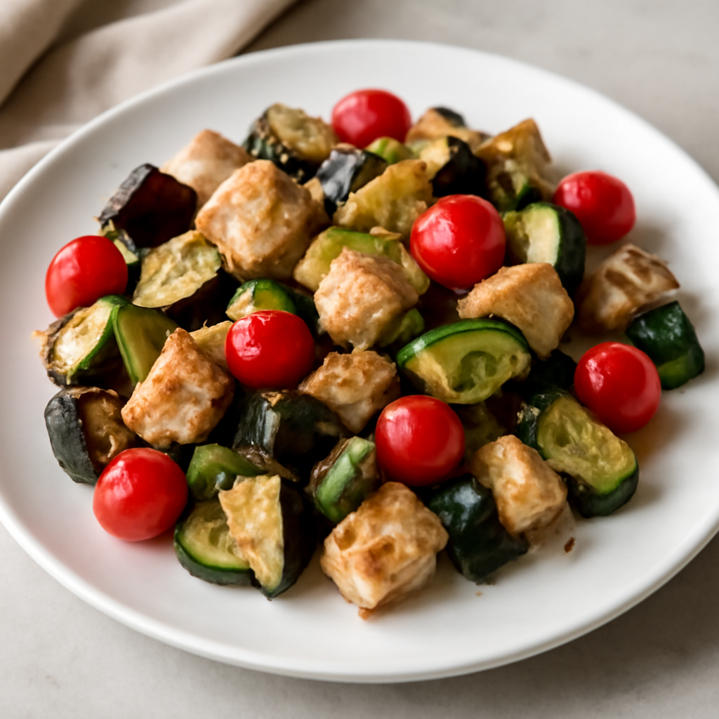 Pollo saltato con melanzane, zucchine e pomodorini