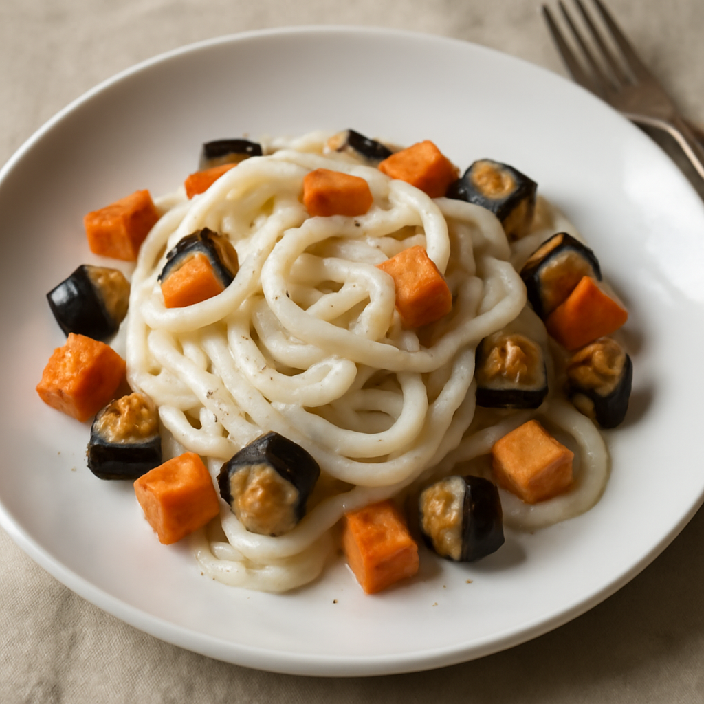 Pici con crema di gorgonzola, patate dolci e melanzane