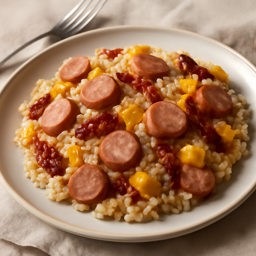 Risotto con wurstel, pomodorini secchi e peperoni gialli