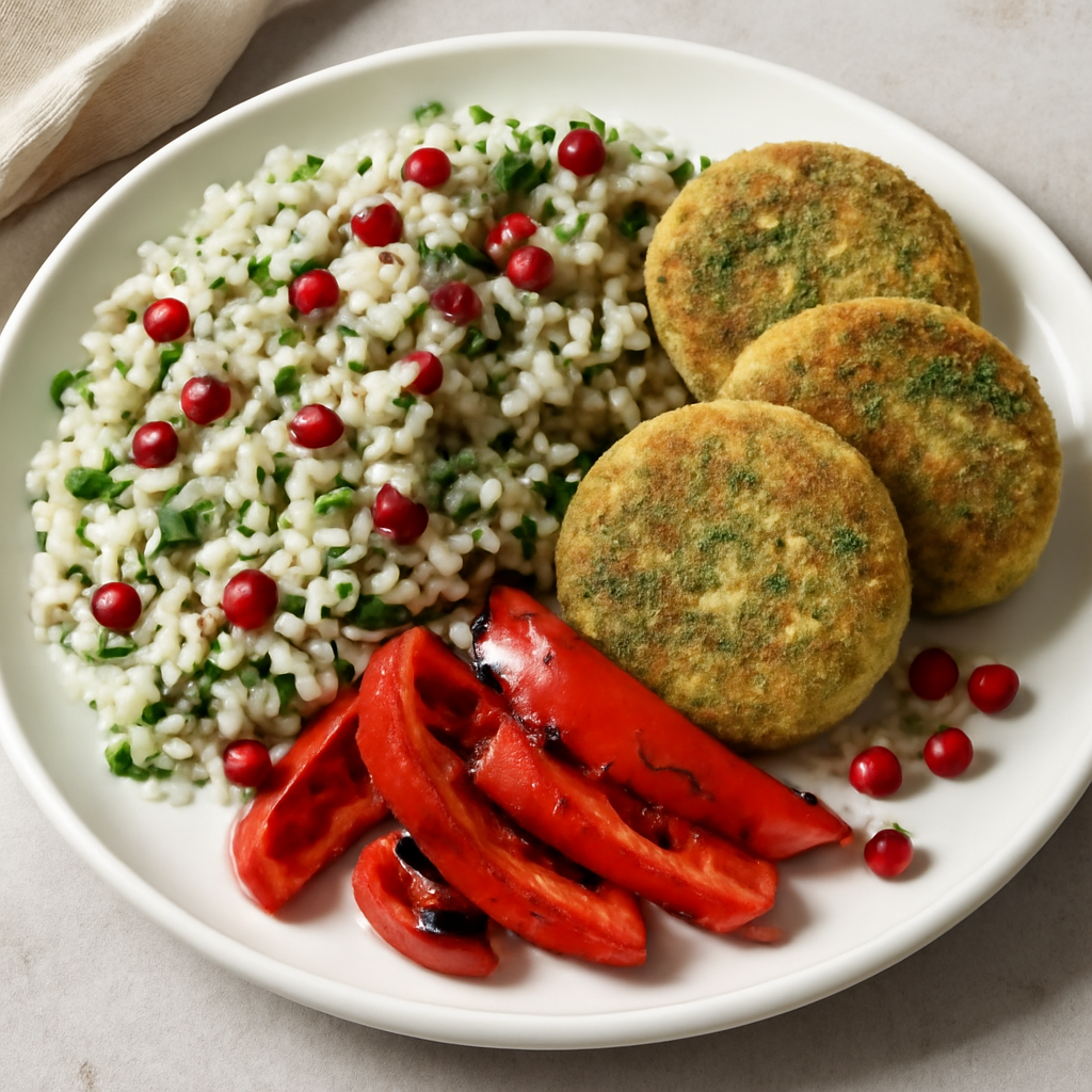 Riso con spinacine, peperone e melograno