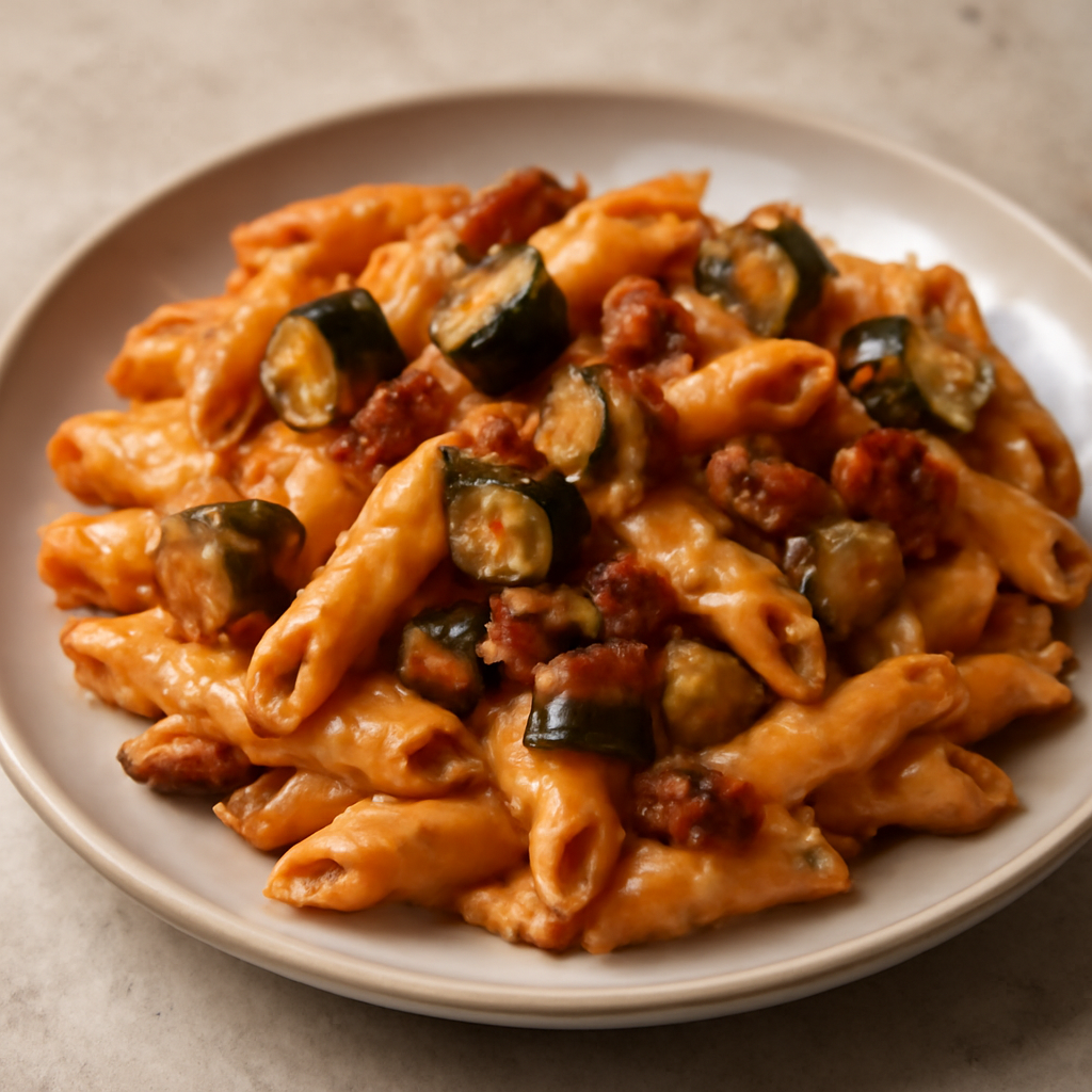 Pasta cremosa al pomodoro con melanzane e pomodori secchi