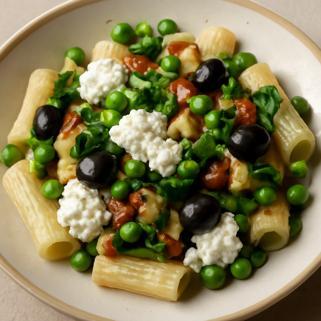 Pasta con ricotta, piselli, olive e verdure