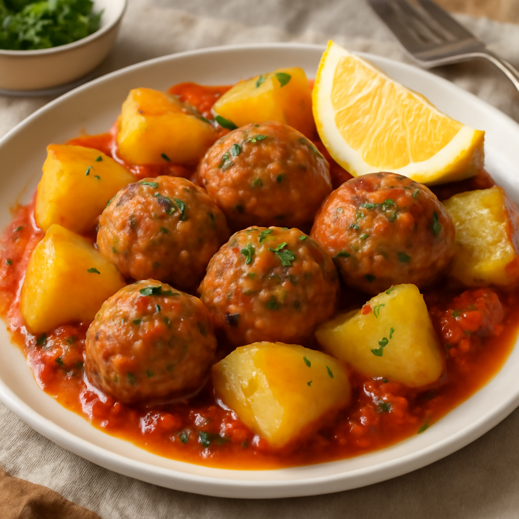 Polpette di carne con patate e salsa di pomodoro al limone