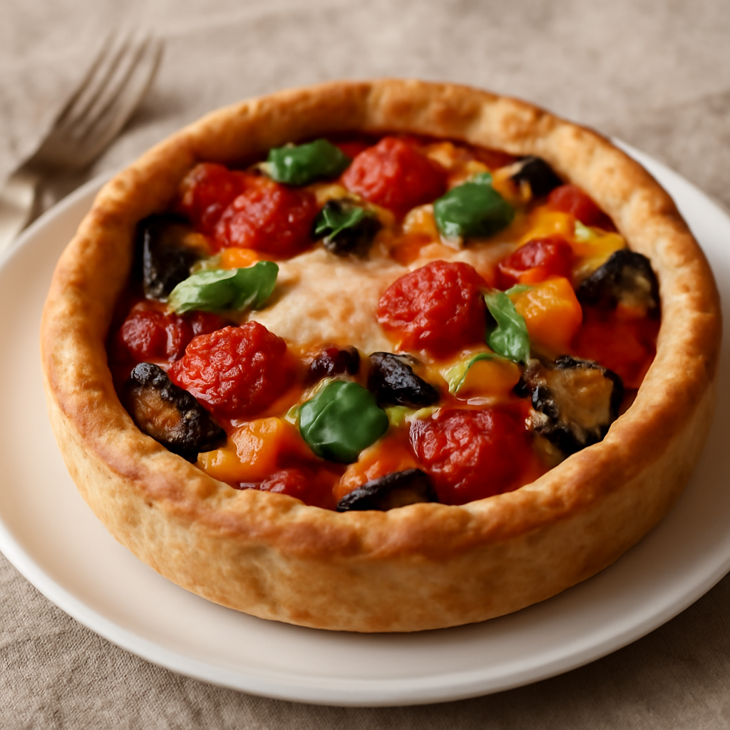 Tortino di pasta brisée con mozzarella, pomodorini, melanzane e peperoni