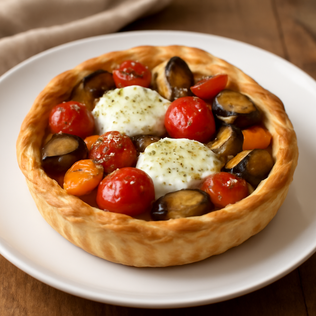 Foto di Tortino di pasta brisée con mozzarella, pomodorini, melanzane e peperoni