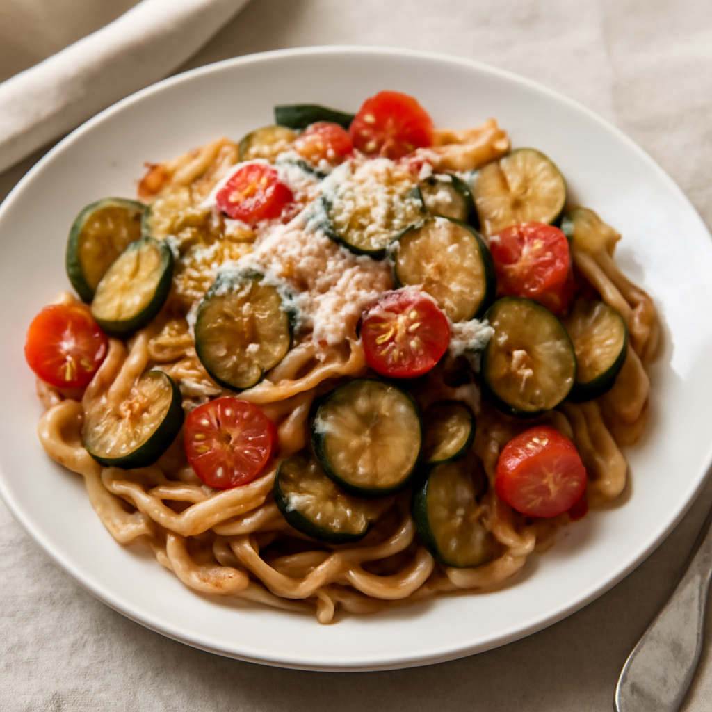 Pasta con zucchine, pomodori, salsa di soia e parmigiano