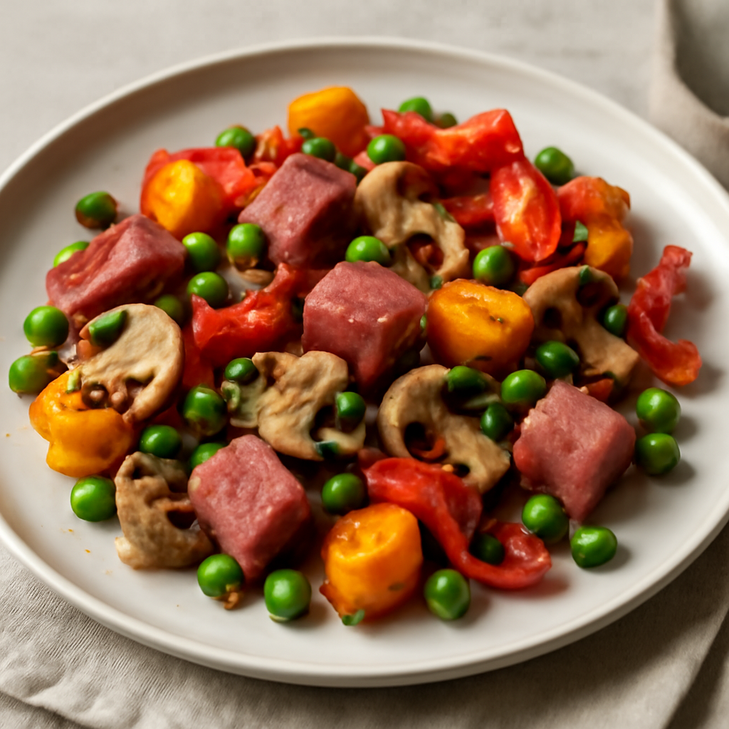 Insalata tiepida di piselli, funghi, Simmenthal, zucca e peperoni
