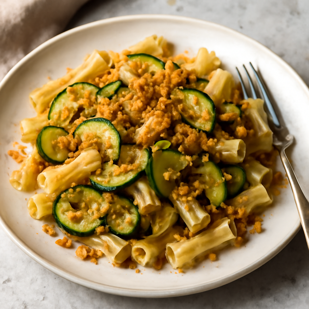 Pasta con zucchine e pan grattato croccante