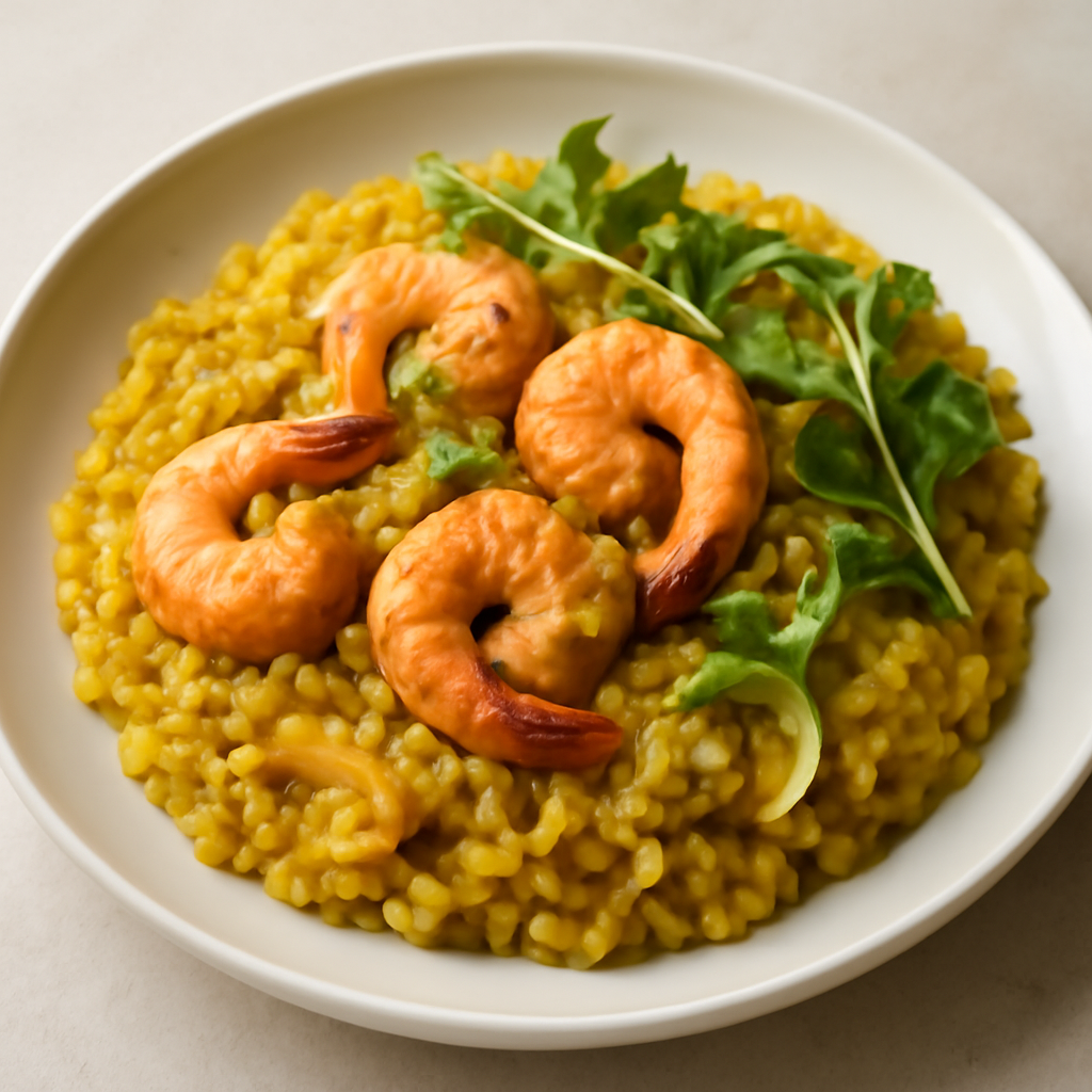 Riso al curry con gamberi, cipolla e rucola