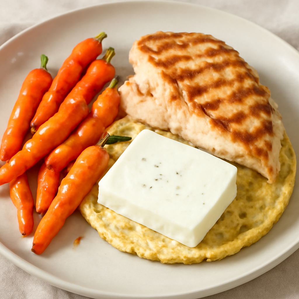 Pollo alla piastra con carote e primo sale su gallette di mais