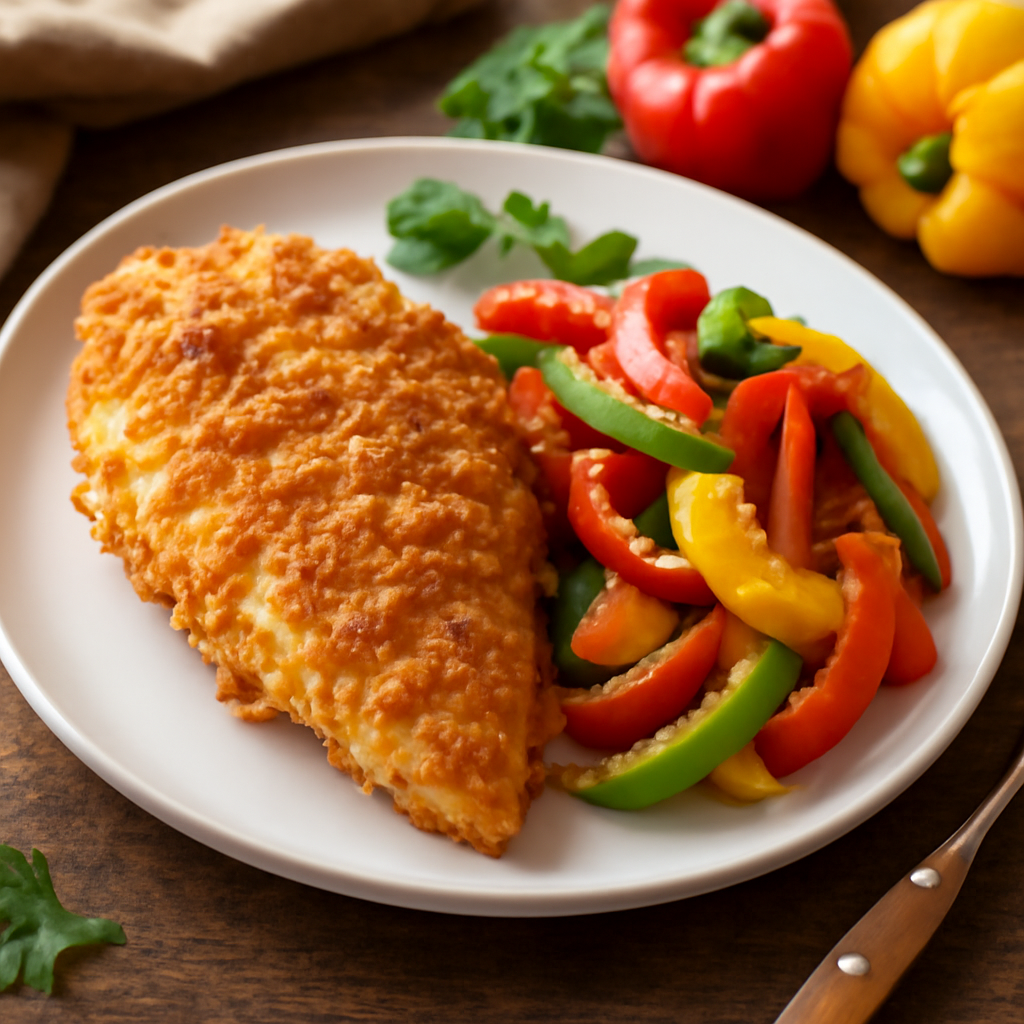 Petto di pollo croccante ai corn flakes con peperoni